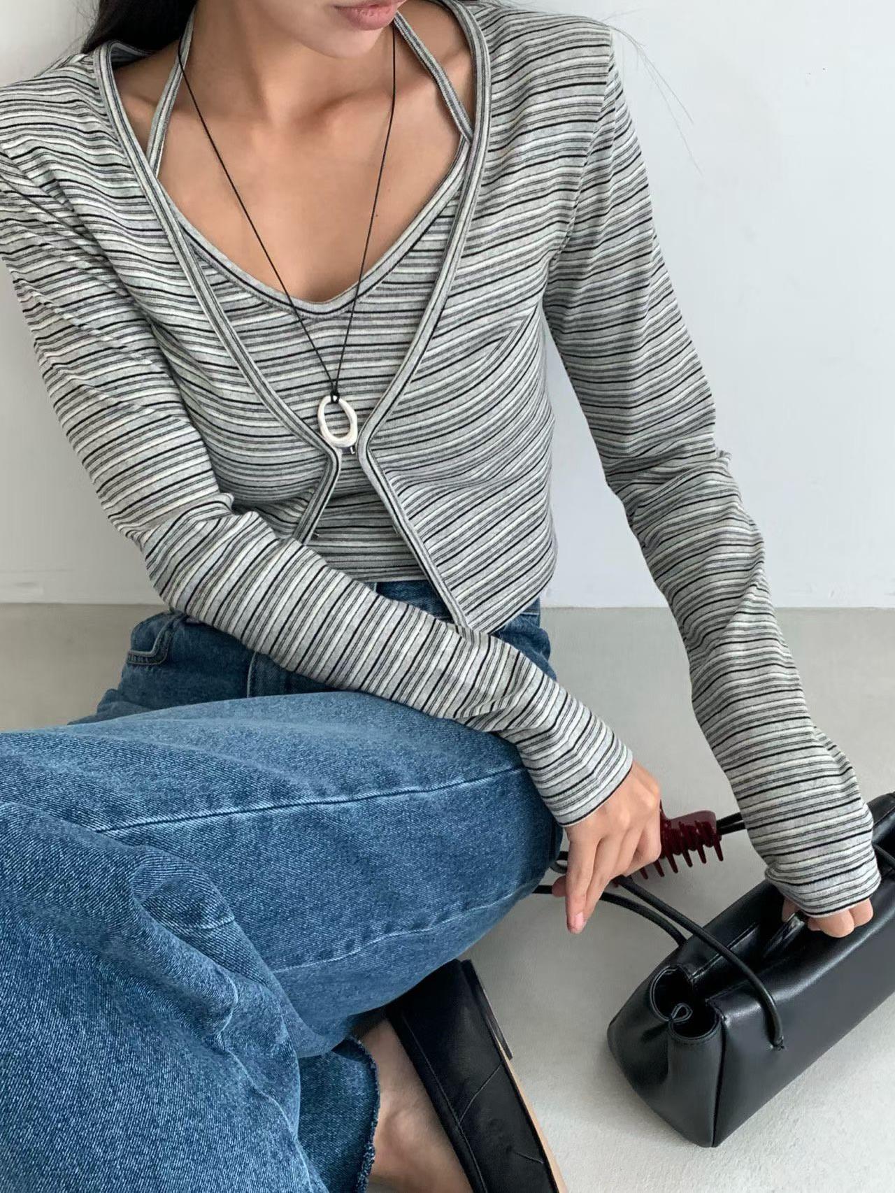 條紋背心+短版外套SET